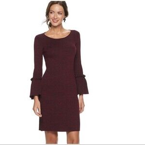 Nina Leonard Ribbed Knit Bell Sleeve Sweater Dress In Wine Red Multi Size XL